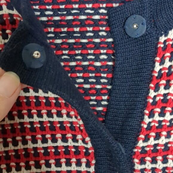 Talbots Cardigan Sweater Classic Red White Navy Snap Front Cotton Woven Sz M - Picture 4 of 10